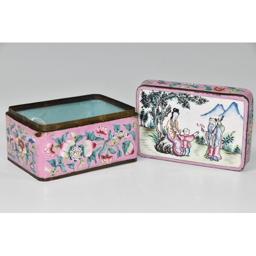 434 - AN ENAMEL BOX WITH ORIENTAL DECORATION, the sides painted with fruit and flowers on a pink ground, t... 