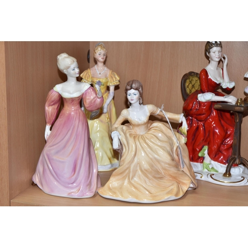 435 - SEVEN FIGURINES, comprising Royal Doulton 'Genevieve' (broken and repaired around neck) and 'Autumn ... 