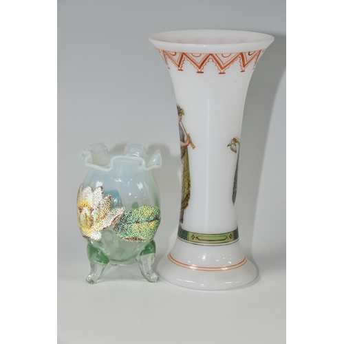 440 - TWO NINETEENTH CENTURY GLASS VASES, comprising a small vase with wavy rim, glass beads applied to a ... 