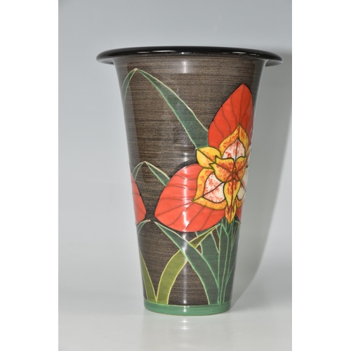 442 - A DENNIS CHINA WORKS TAPERING VASE, with flared rim, decorated with stylised orchids, impressed and ... 