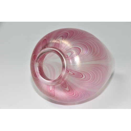 448 - A SANDERS AND WALLACE ART GLASS VASE, hand blown pink trailed lustre glass design, height 14.5cm, en... 