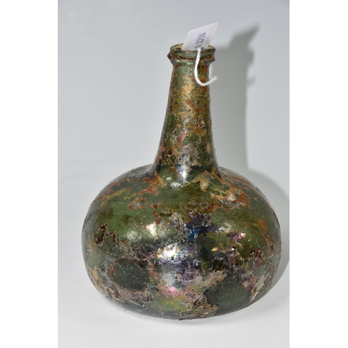 449 - A 'SHAFT AND GLOBE' WINE BOTTLE, 'Shaft and Globe / Onion' transitional wine bottle, olive-green tin... 