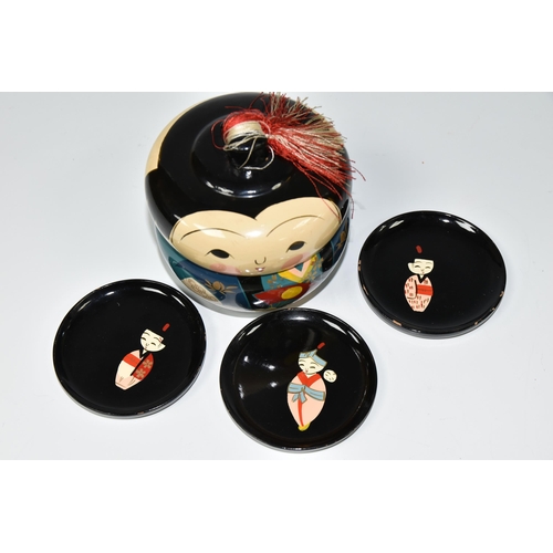 450 - A HAND PAINTED JAPANESE NOVELTY BENTO BOX, turned wood in the form of a Geisha Girl, with a set of s... 