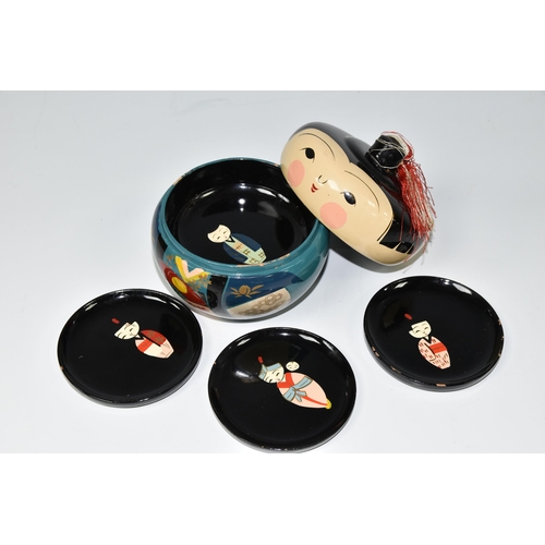 450 - A HAND PAINTED JAPANESE NOVELTY BENTO BOX, turned wood in the form of a Geisha Girl, with a set of s... 