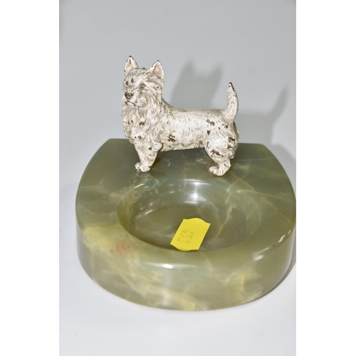 453 - THREE CAST FIGURES OF SCOTTISH AND HIGHLAND TERRIERS, comprising a green onyx ashtray/trinket dish w... 