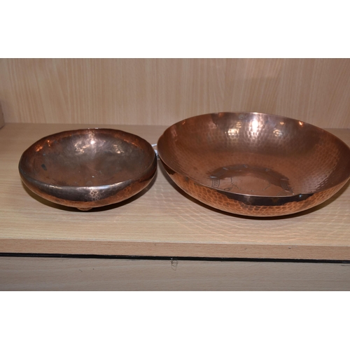 458 - TWO HAND BEATEN ARTS & CRAFTS COPPER DISHES, comprising a L.R.I. (Lakeland Rural Industries), Borrow... 