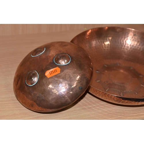 458 - TWO HAND BEATEN ARTS & CRAFTS COPPER DISHES, comprising a L.R.I. (Lakeland Rural Industries), Borrow... 