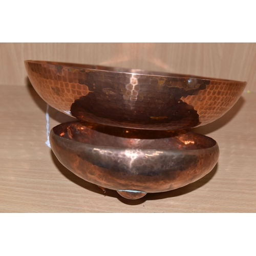 458 - TWO HAND BEATEN ARTS & CRAFTS COPPER DISHES, comprising a L.R.I. (Lakeland Rural Industries), Borrow... 