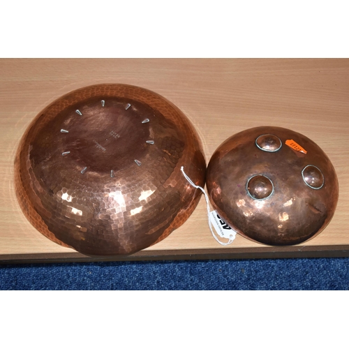 458 - TWO HAND BEATEN ARTS & CRAFTS COPPER DISHES, comprising a L.R.I. (Lakeland Rural Industries), Borrow... 