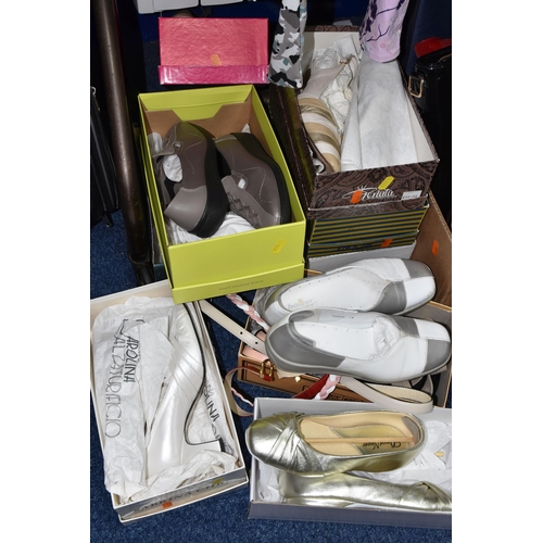 460 - ONE BOX AND LOOSE LADIES' CLOTHING AND ACCESSORIES, to include nine boxed pairs of shoes, size 36.5,... 