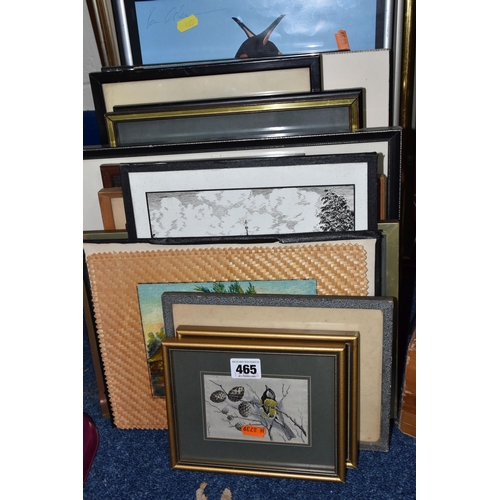 465 - A QUANTITY OF ASSORTED FRAMED PRINTS, to include photographic prints of birds, a Stuart Lafford etch... 