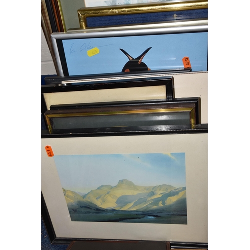 465 - A QUANTITY OF ASSORTED FRAMED PRINTS, to include photographic prints of birds, a Stuart Lafford etch... 