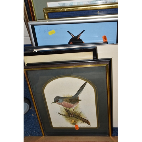 465 - A QUANTITY OF ASSORTED FRAMED PRINTS, to include photographic prints of birds, a Stuart Lafford etch... 