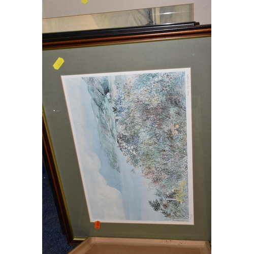 465 - A QUANTITY OF ASSORTED FRAMED PRINTS, to include photographic prints of birds, a Stuart Lafford etch... 