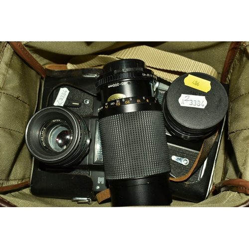 486 - ONE BOX AND LOOSE CAMERAS AND EQUPMENT, to include five vintage cameras, names to include Zenit and ... 