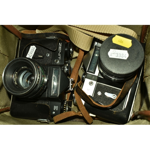 486 - ONE BOX AND LOOSE CAMERAS AND EQUPMENT, to include five vintage cameras, names to include Zenit and ... 