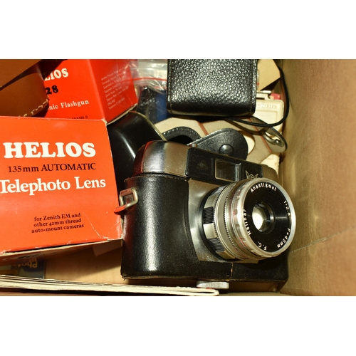 486 - ONE BOX AND LOOSE CAMERAS AND EQUPMENT, to include five vintage cameras, names to include Zenit and ... 