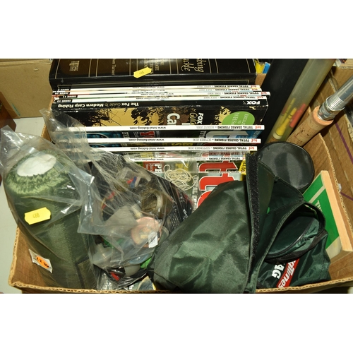 488 - ONE BOX AND LOOSE VINTAGE FISHING ITEMS, to include a fly wheel, a Garcia Mitchell 410 reel, wooden ... 