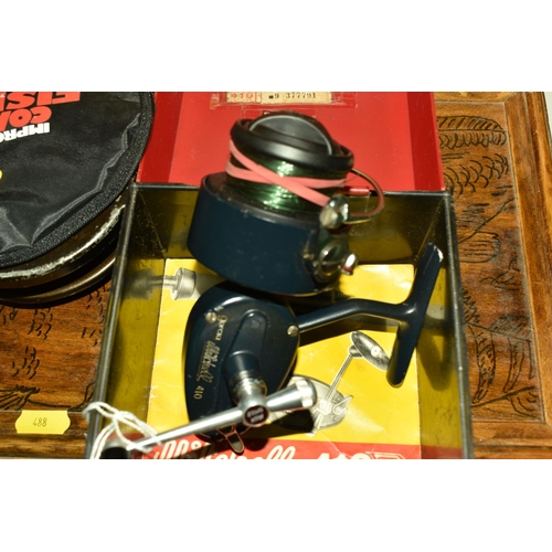 488 - ONE BOX AND LOOSE VINTAGE FISHING ITEMS, to include a fly wheel, a Garcia Mitchell 410 reel, wooden ... 