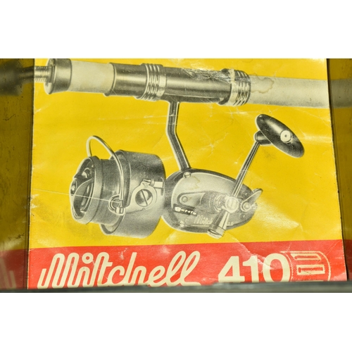 488 - ONE BOX AND LOOSE VINTAGE FISHING ITEMS, to include a fly wheel, a Garcia Mitchell 410 reel, wooden ... 