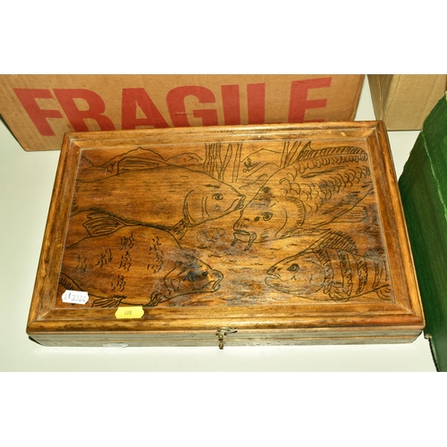 488 - ONE BOX AND LOOSE VINTAGE FISHING ITEMS, to include a fly wheel, a Garcia Mitchell 410 reel, wooden ... 