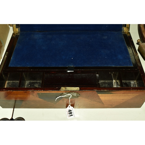 491 - WOODEN WRITING SLOPE WITH THE KEY, wooden parquetry writing box with geometric pattern detail in pla... 