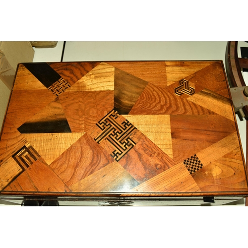 491 - WOODEN WRITING SLOPE WITH THE KEY, wooden parquetry writing box with geometric pattern detail in pla... 