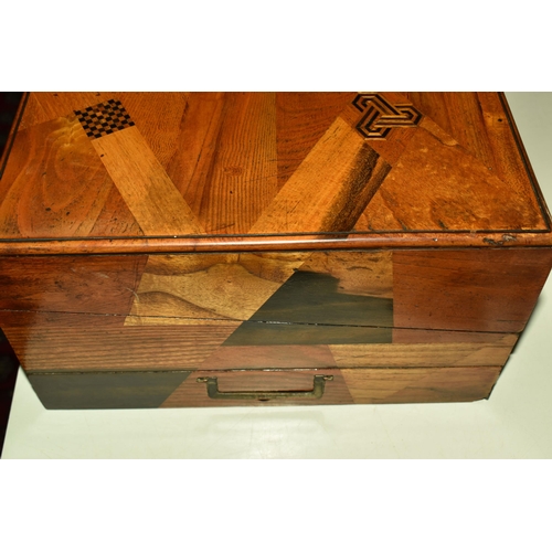 491 - WOODEN WRITING SLOPE WITH THE KEY, wooden parquetry writing box with geometric pattern detail in pla... 