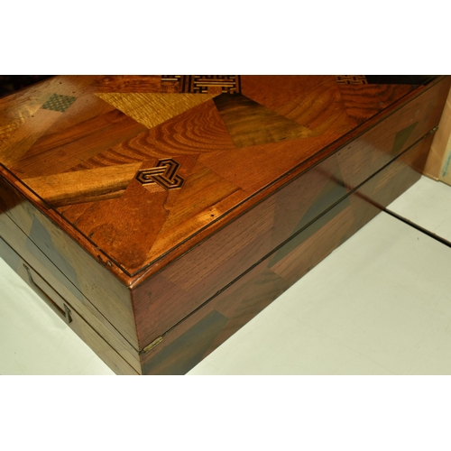 491 - WOODEN WRITING SLOPE WITH THE KEY, wooden parquetry writing box with geometric pattern detail in pla... 