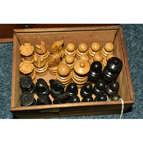 492 - WOODEN CHESS PIECES AND WOODEN BOX, wooden box with gold coloured metal detailed inlay, has the key ... 