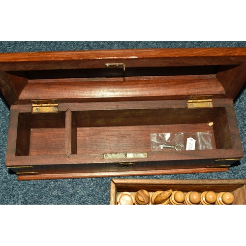 492 - WOODEN CHESS PIECES AND WOODEN BOX, wooden box with gold coloured metal detailed inlay, has the key ... 