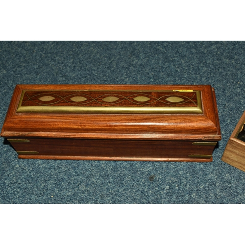 492 - WOODEN CHESS PIECES AND WOODEN BOX, wooden box with gold coloured metal detailed inlay, has the key ... 