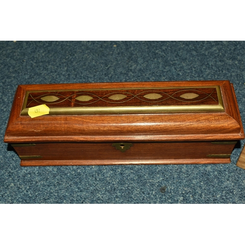 492 - WOODEN CHESS PIECES AND WOODEN BOX, wooden box with gold coloured metal detailed inlay, has the key ... 