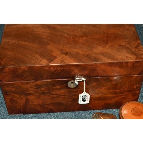 498 - A VICTORIAN TEA CADDY AND TWO SMALL BOXES comprising a Victorian mahogony tea caddy with original ke... 