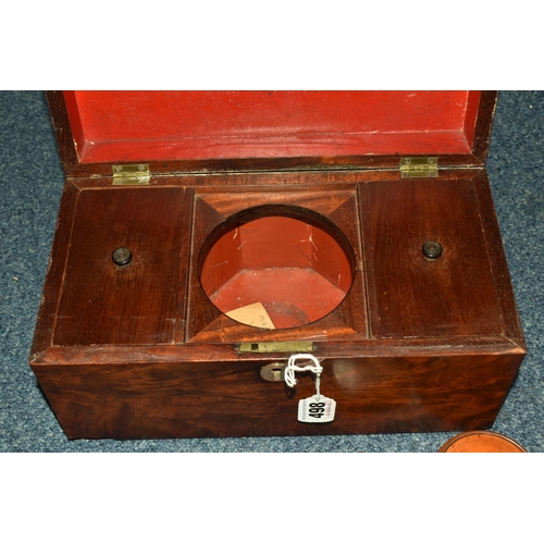 498 - A VICTORIAN TEA CADDY AND TWO SMALL BOXES comprising a Victorian mahogony tea caddy with original ke... 