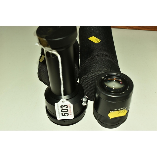 503 - TWO LEICA CAMERA LENSES comprising a 1:10.4/800 Digi scope attachment with cap and carry pouch, and ... 