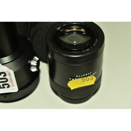 503 - TWO LEICA CAMERA LENSES comprising a 1:10.4/800 Digi scope attachment with cap and carry pouch, and ... 