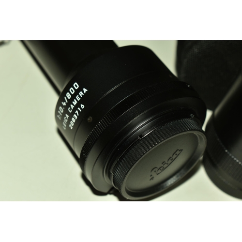 503 - TWO LEICA CAMERA LENSES comprising a 1:10.4/800 Digi scope attachment with cap and carry pouch, and ... 