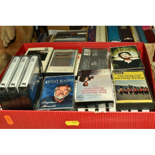 505 - SIX BOXES OF BOOKS, TAPES, CDS, AND MISCELLANEOUS ITEMS to include two boxes of books comprising mos... 