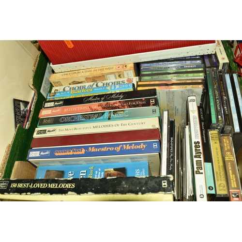 505 - SIX BOXES OF BOOKS, TAPES, CDS, AND MISCELLANEOUS ITEMS to include two boxes of books comprising mos... 