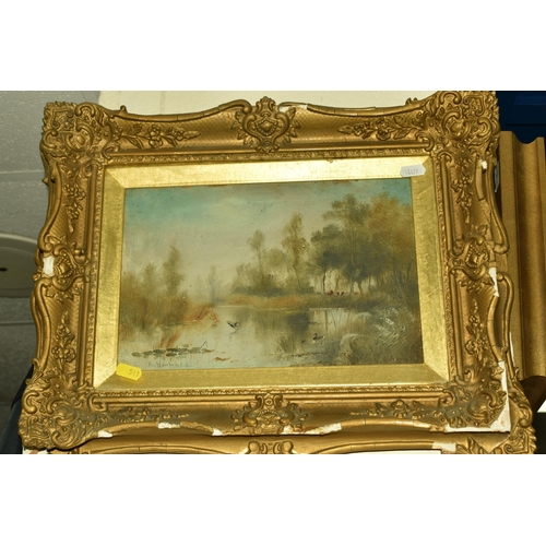 511 - TWO PAINTINGS AND A SPELTER CLOCK comprising two framed paintings by N.B. James (Nineteenth Century ... 