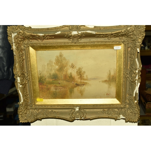 511 - TWO PAINTINGS AND A SPELTER CLOCK comprising two framed paintings by N.B. James (Nineteenth Century ... 