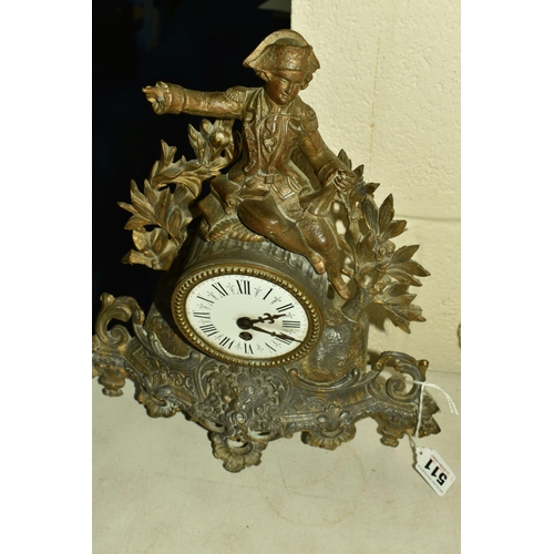 511 - TWO PAINTINGS AND A SPELTER CLOCK comprising two framed paintings by N.B. James (Nineteenth Century ... 