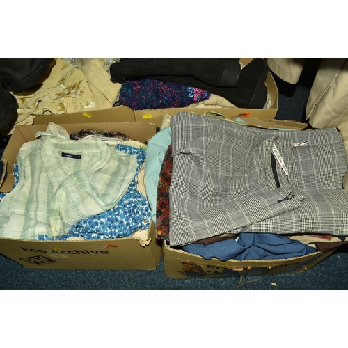 517 - FOUR BOXES AND LOOSE LADIES' CLOTHING, to include a quantity of jackets, skirts, blouses and tops, m... 