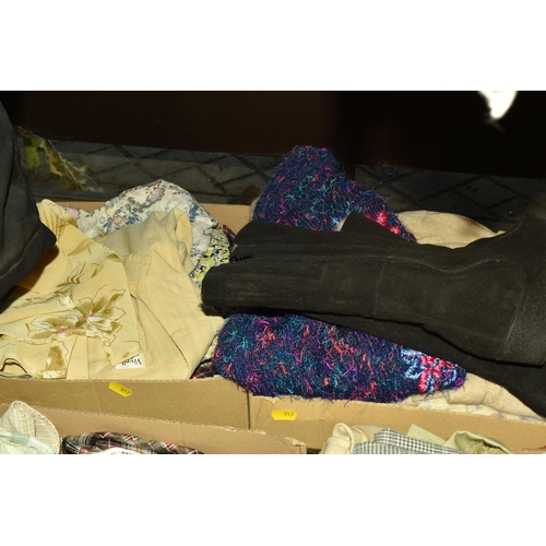 517 - FOUR BOXES AND LOOSE LADIES' CLOTHING, to include a quantity of jackets, skirts, blouses and tops, m... 