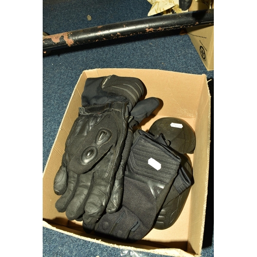 519 - ONE BOX OF MOTORCYCLE GLOVES, TWO LEATHER JACKETS AND A PAIR OF BLACK LEATHER TROUSERS, waist size 3... 