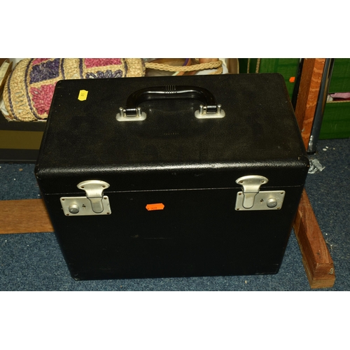 520 - TWO BOXES AND LOOSE SEWING ITEMS AND ACCESSORIES, included a vintage Singer Portable electric sewing... 