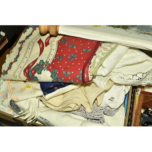 520 - TWO BOXES AND LOOSE SEWING ITEMS AND ACCESSORIES, included a vintage Singer Portable electric sewing... 