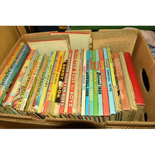 521 - THREE BOXES OF BOOKS AND MISCELLANEOUS, books include mostly annuals, Misty, Tammy, Dandy, Dr Who et... 