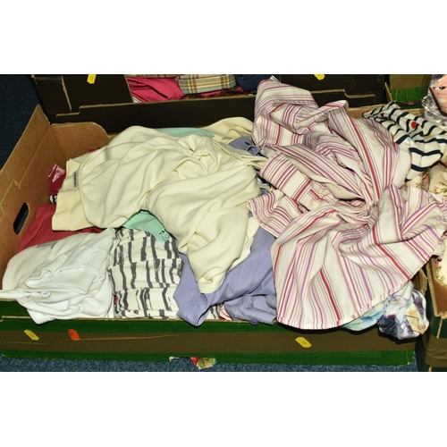 523 - SEVEN BOXES OF LADIES' CLOTHES, included ladies' t shirts, blouses, and skirts, sizes vary from smal... 